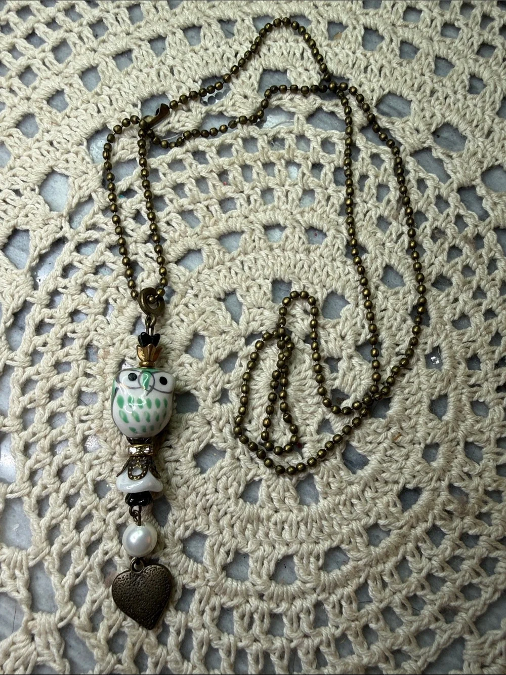 Bronze Owl Pendant 26” Necklace with Green Accents